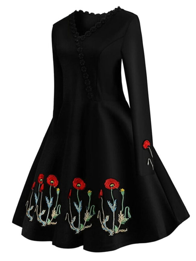 Goth Harajuku Dress | Embroidery Vintage Black Elegant Bodycon Party Dresses | Long Sleeve Casual Vestidos 3