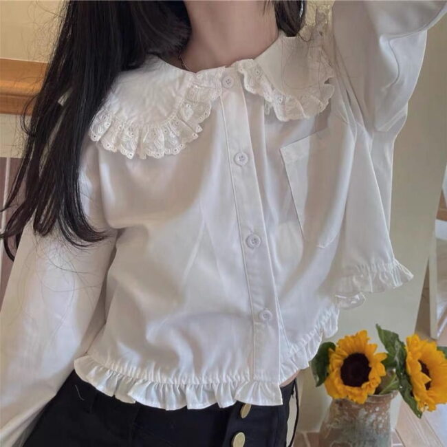 Kawaii White Shirt Women | Ruffle Lace Patchwork | Lolita Blouse Sweet Preppy Style | Tops Blue Peter Pan Collar Long Sleeve 2