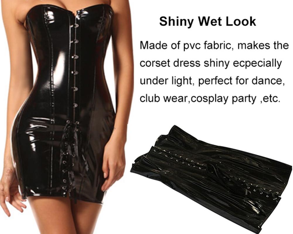 Women's Gothic Lace-Up Faux Leather Corset Dress Wetlook PVC Strapless Bustier Vintage Club Halloween Party Costume