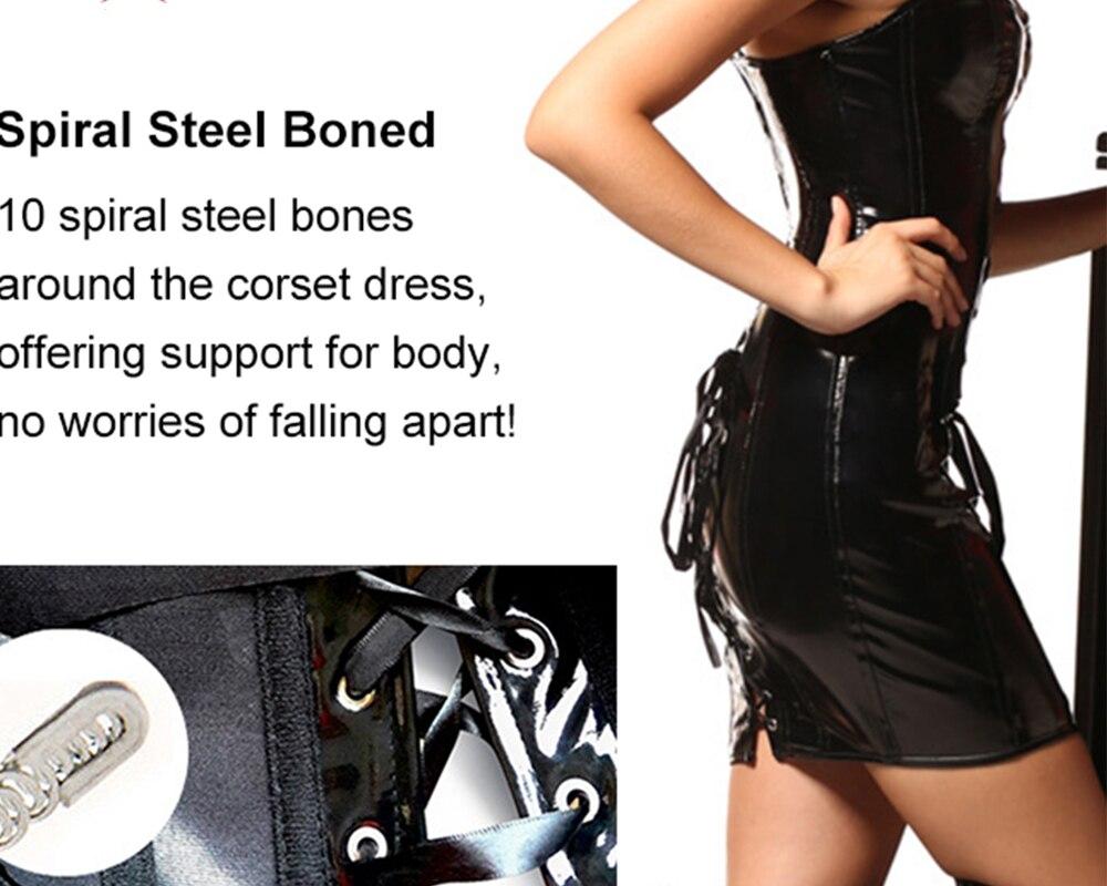 Women's Gothic Lace-Up Faux Leather Corset Dress Wetlook PVC Strapless Bustier Vintage Club Halloween Party Costume